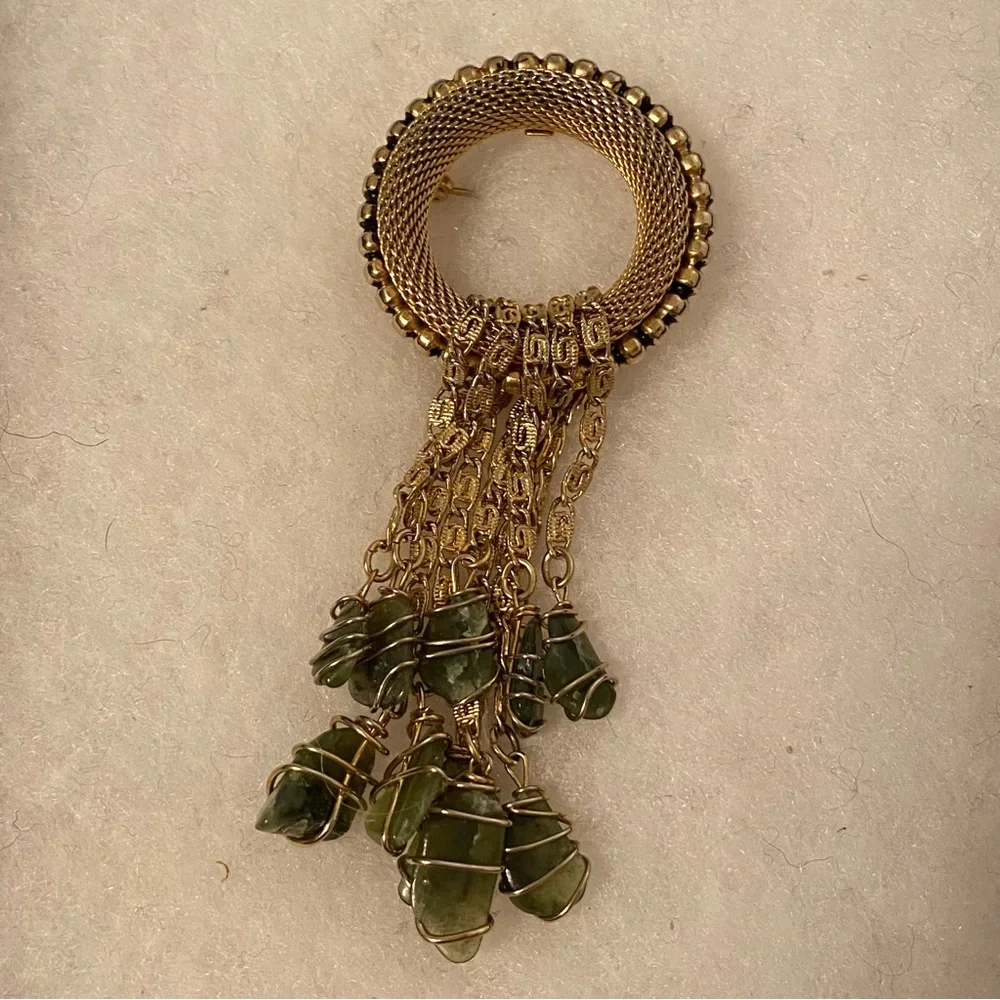 MARINO BROOCH PIN GOLD TONE MESH CIRCLE STRANDS GREEN WRAPPED GLASS DANGLES
